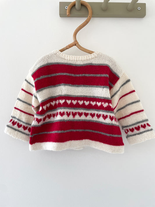 Håndstrikket bluse med hjerter, Merino str. 12-18 mdr