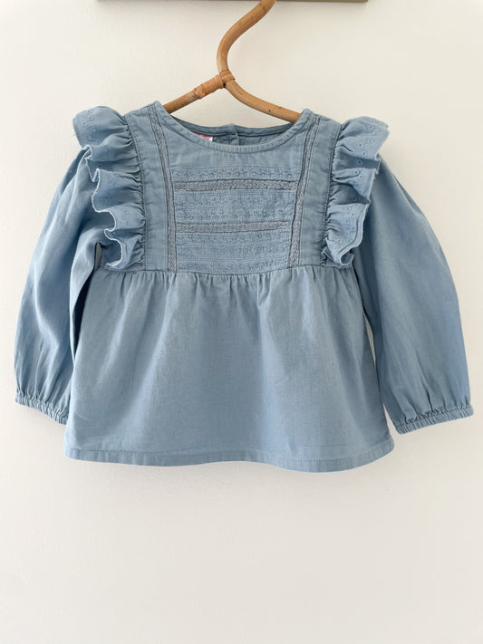 Mango blå skjortebluse med flæser