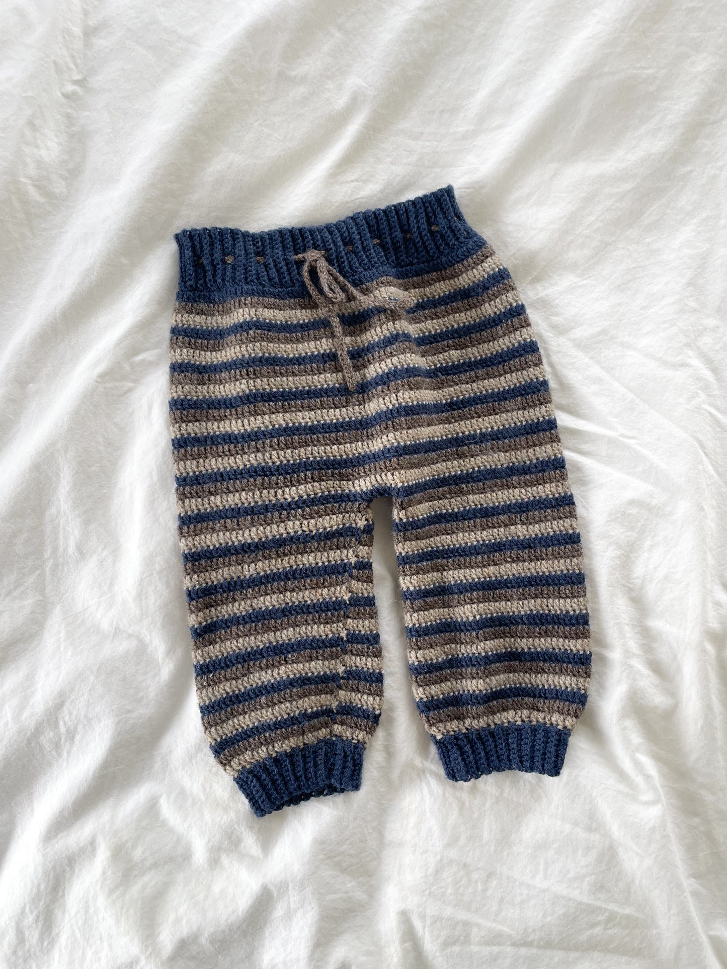 Håndstrikkede stribede bukser, Uld str. 6-9 mdr