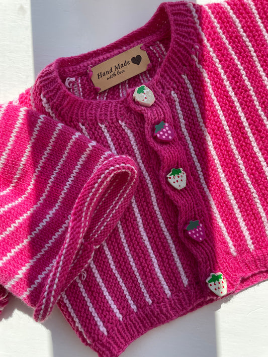 Håndstrikket cardigan & hue str. 0-2 mdr