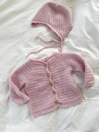 Håndlavet cardigan & kyse, baby uld str. 9 mdr