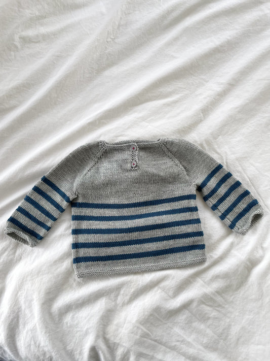 Håndstrikket stribet bluse, Merino str. 6 mdr