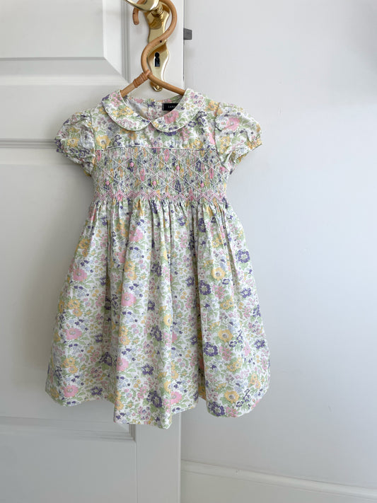Lands'end blomstret kjole med smock str. 2-3 år