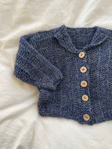 Håndstrikket blå melange cardigan, Alpaka str. 56